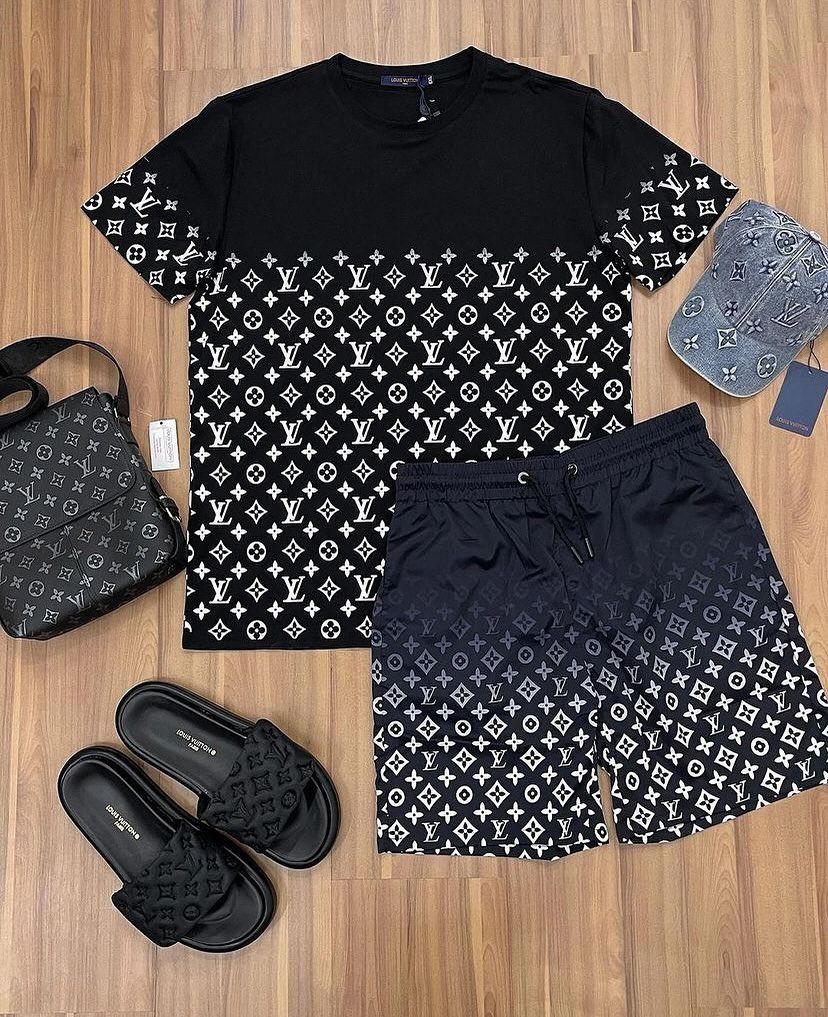 Conjunto de Grife Lv Black Ref 1293 [CAMISA + BERMUDA + SANDÁLIA+Bag)