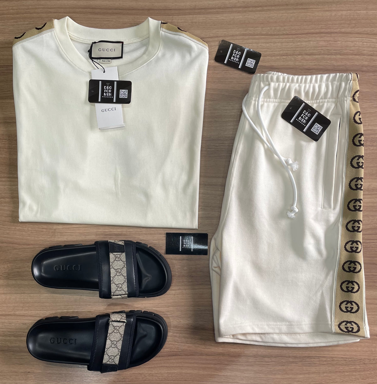 Conjunto de Grife Gucci Branco [CAMISA + BERMUDA + SANDÁLIA]