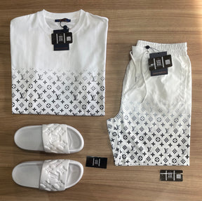 Conjunto de Grife LV Branco [CAMISA + BERMUDA + SANDÁLIA]