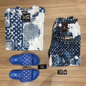 Conjunto de Grife LV Azul Escuro [CAMISA + BERMUDA + SANDÁLIA]