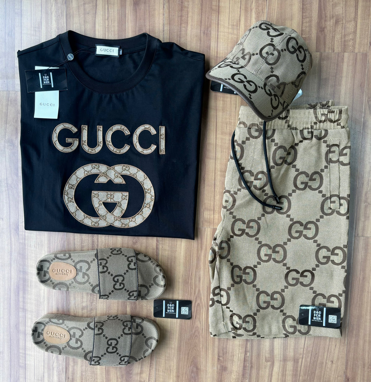 Conjunto de Grife Gucci [CAMISA + BERMUDA + SANDÁLIA + BONÉ]