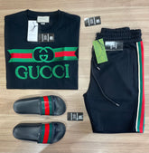 Conjunto de Grife Gucci Preto [CAMISA + BERMUDA + SANDÁLIA]