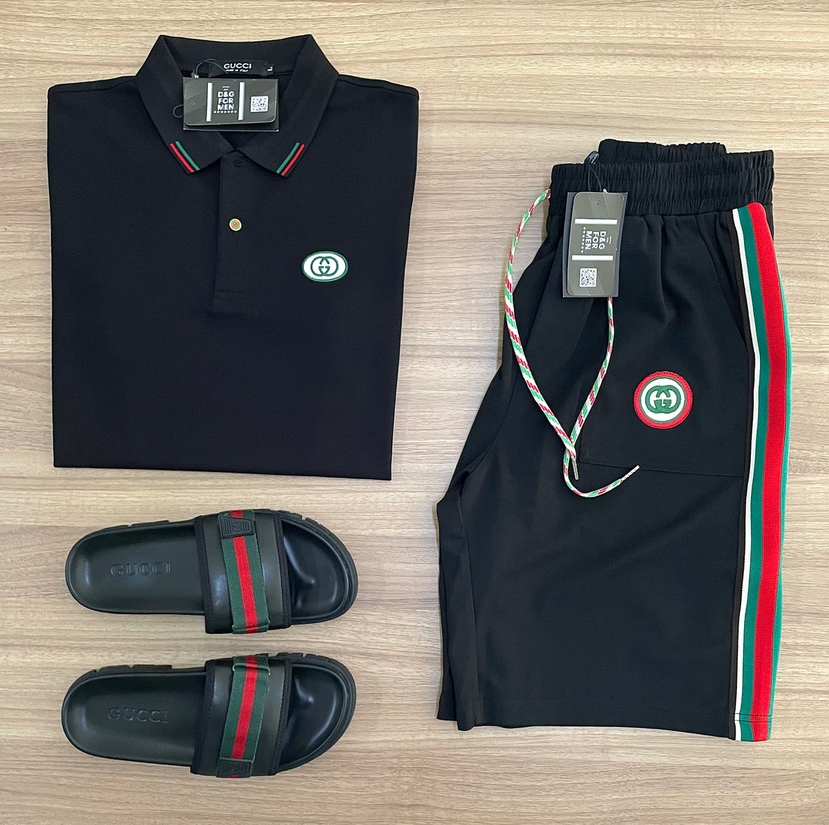 Conjunto de Grife Gucci Preto [CAMISA + BERMUDA + SANDÁLIA]
