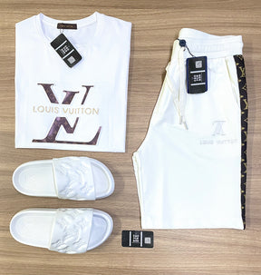 Conjunto de Grife LV Branco [CAMISA + BERMUDA + SANDÁLIA]