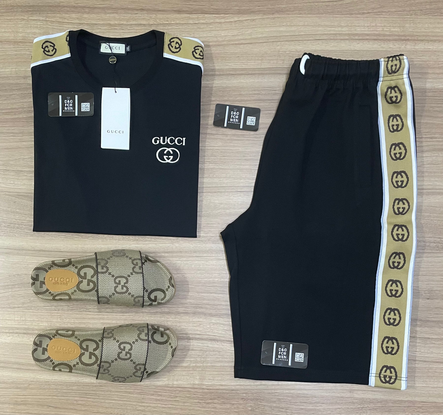 Conjunto de Grife Gucci Preto [CAMISA + BERMUDA + SANDÁLIA]