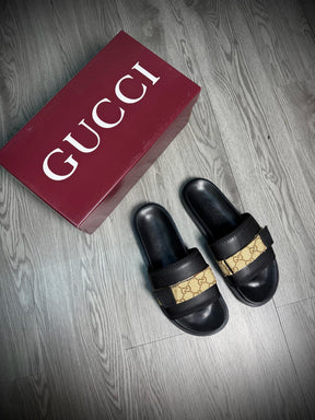 Slide Importada GUCCI | Faixa Bege GG - PRETO