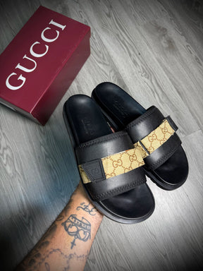 Slide Importada GUCCI | Faixa Bege GG - PRETO