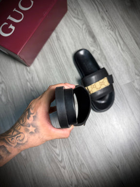 Slide Importada GUCCI | Faixa Bege GG - PRETO