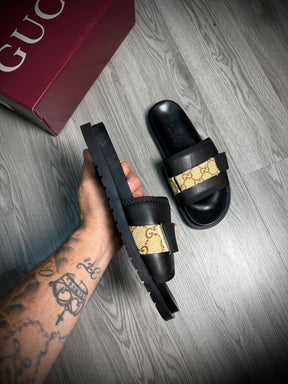Slide Importada GUCCI | Faixa Bege GG - PRETO
